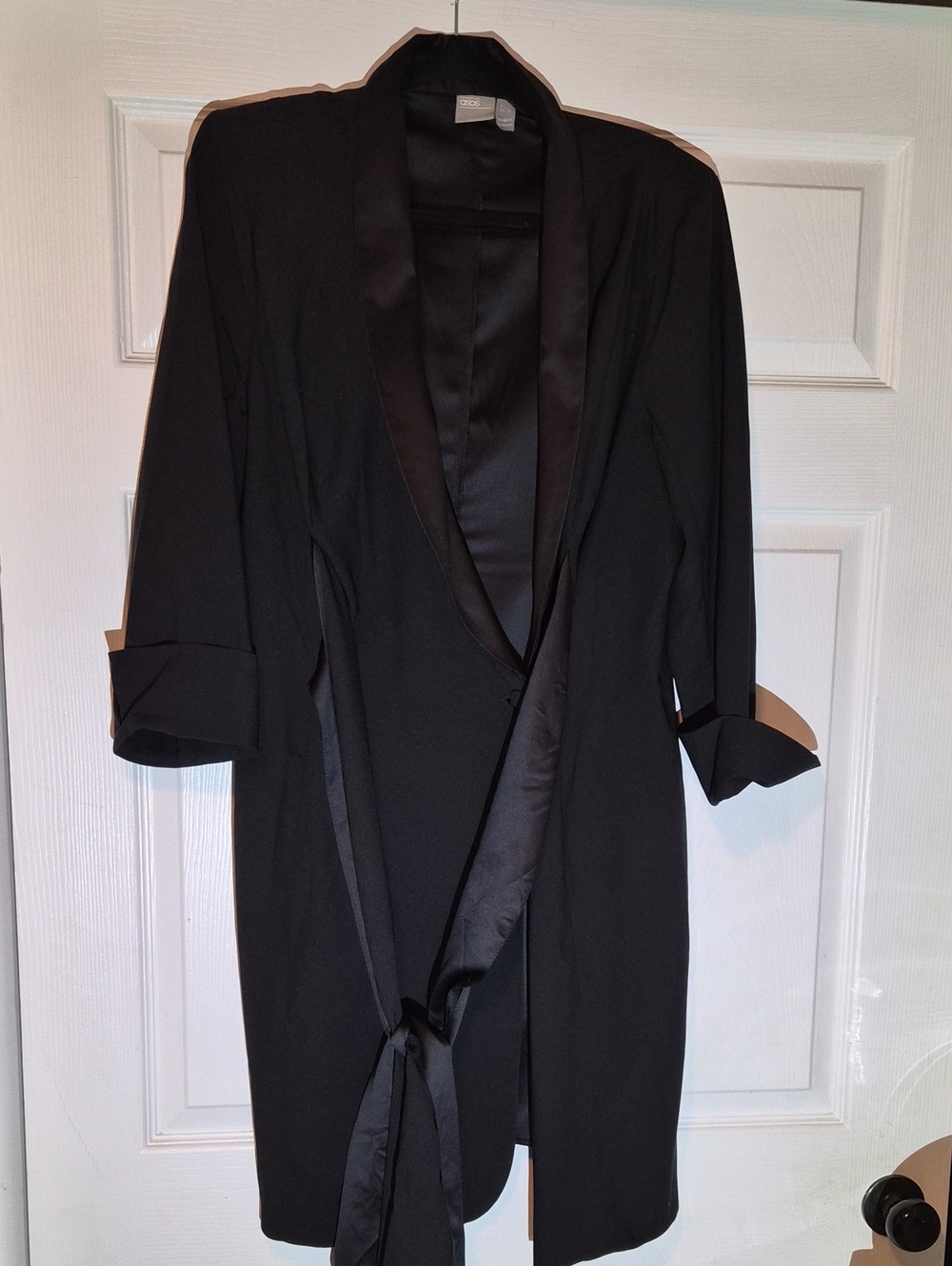 Women's Black Satin-Trim Wrap Tuxedo Jacket Dress